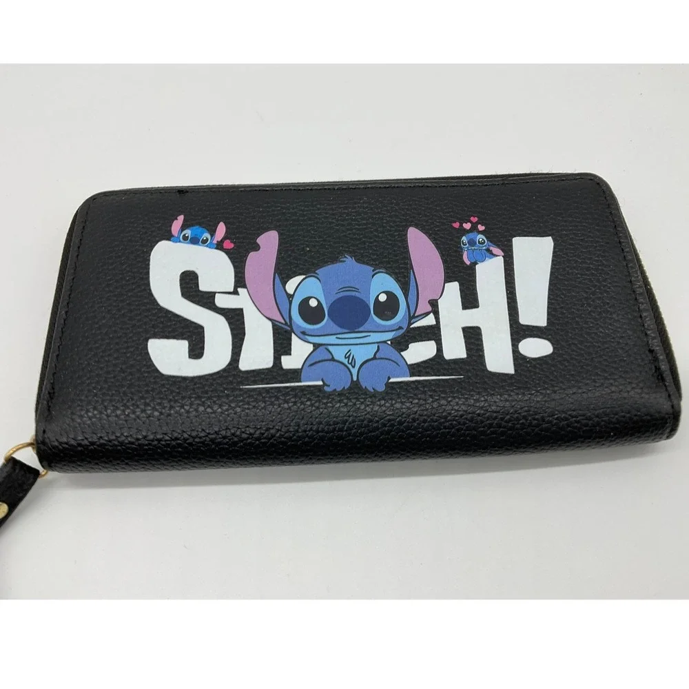 Disney Stitch Zip Around Wristlet Wallet Women Black Pink Faux Leather Travel